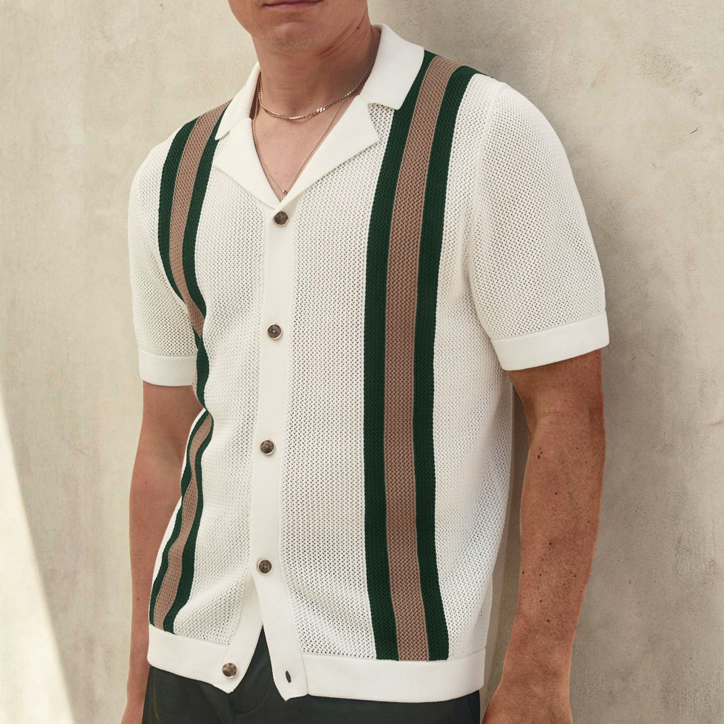 Herren Sommer Farbblock Kurzarm Strickcardigan Mit Kubanischem Kragen, Strickmuster