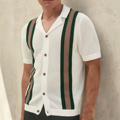 Herren Sommer Farbblock Kurzarm Strickcardigan Mit Kubanischem Kragen, Strickmuster