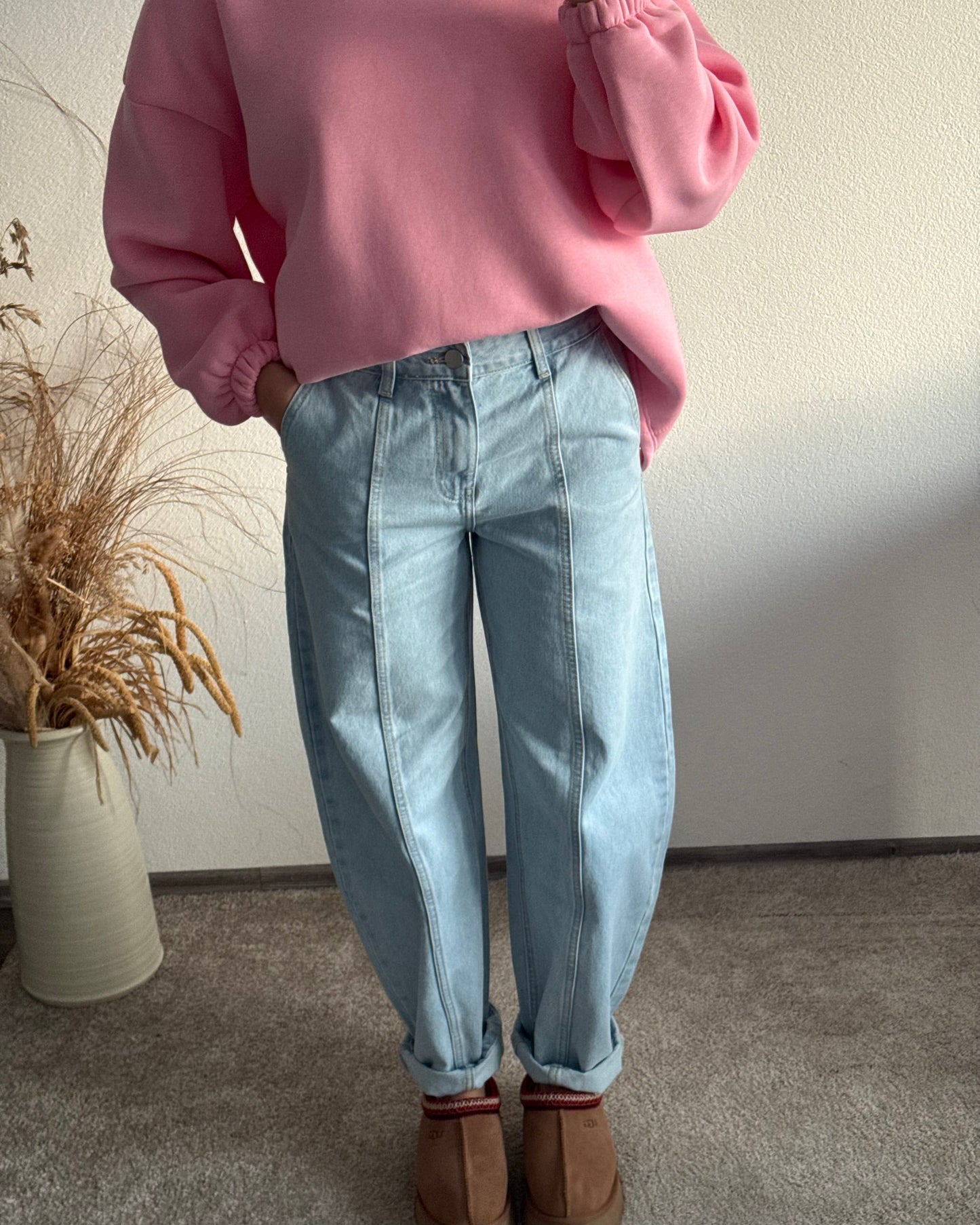Damen Barrel Jeans mit weitem Bein, mittlerer Taille, Hellblau – Denim Style