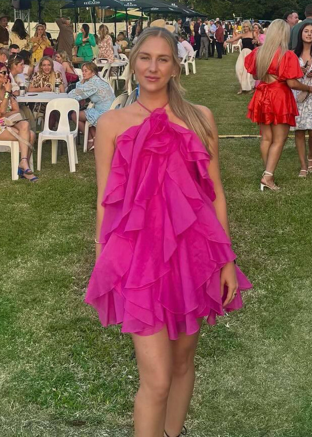 Damen Maxikleid mit Neckholder – Rückenfreies Design Blumenapplikationen