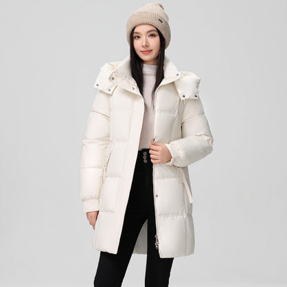 Women's mid-length winter down jacket with pockets and long sleeves