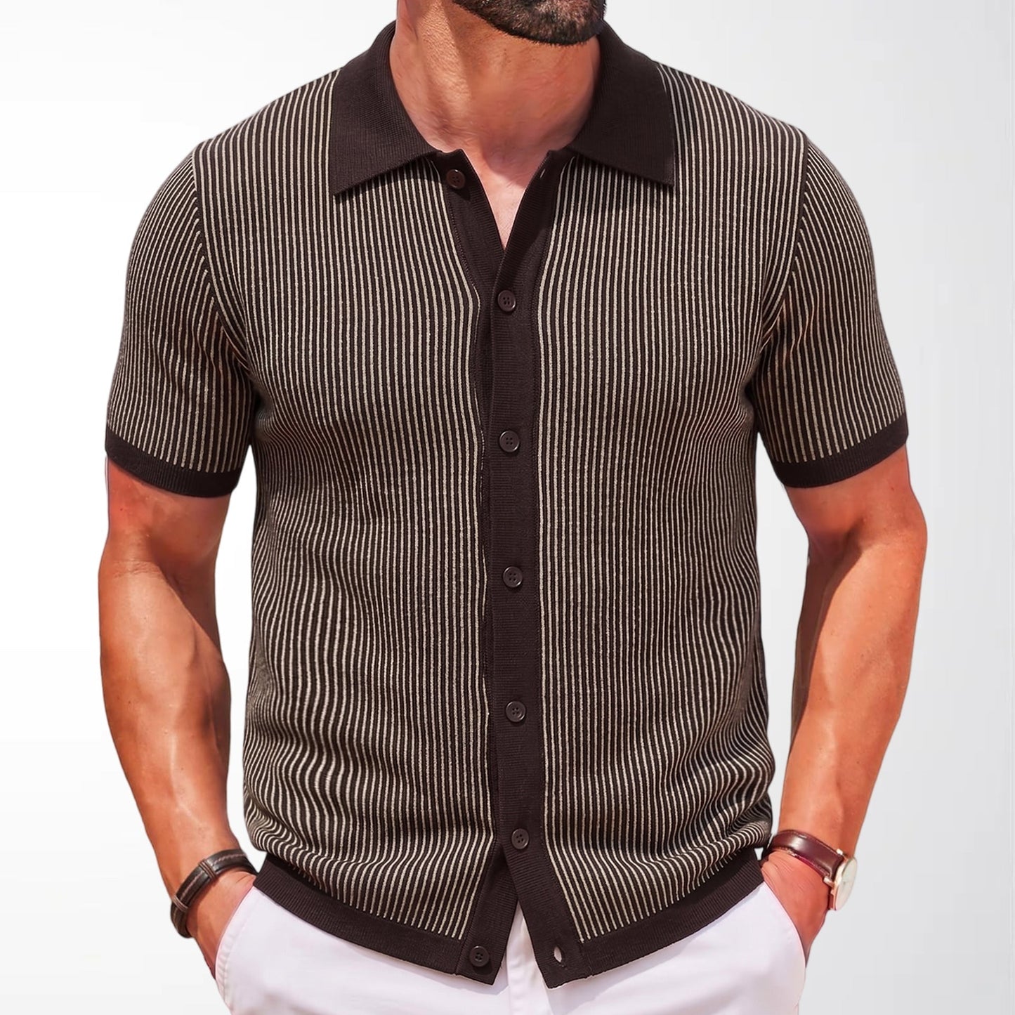 Herren Kurzarm Strick Poloshirt mit Vertikalstreifen – Schmale Passform