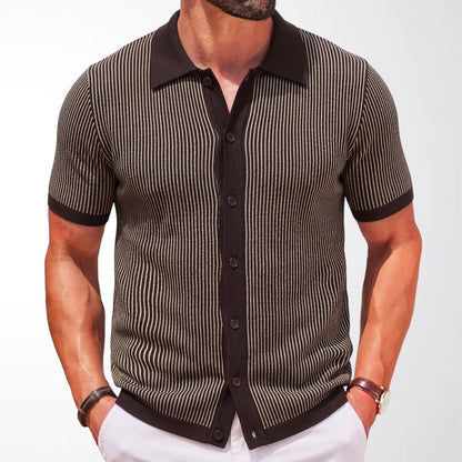 Herren Kurzarm Strick Poloshirt mit Vertikalstreifen – Schmale Passform