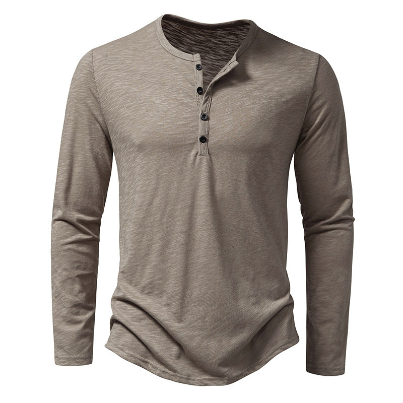 Langarmshirt für Herren in Beige, Henley-Stil mit Knopfleiste, aus Baumwollmischung. Ideal für Freizeitmode und lässige Outfits.