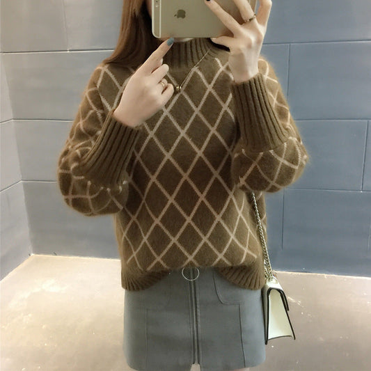 Damen-Pullover Strickpullover mit Rautenmuster und Rundhalsausschnitt