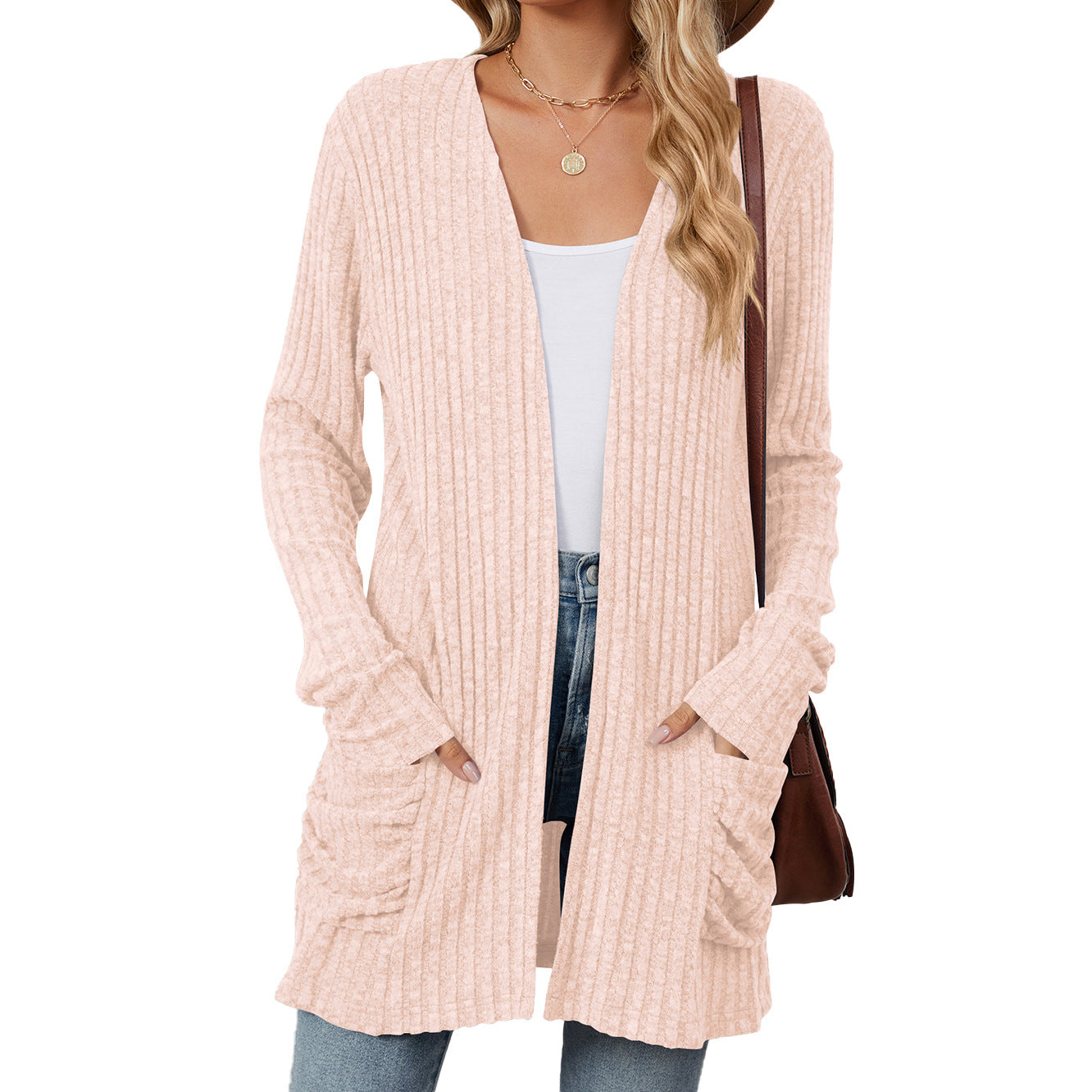 Women's knitted jacket with long sleeves, plain, with pockets