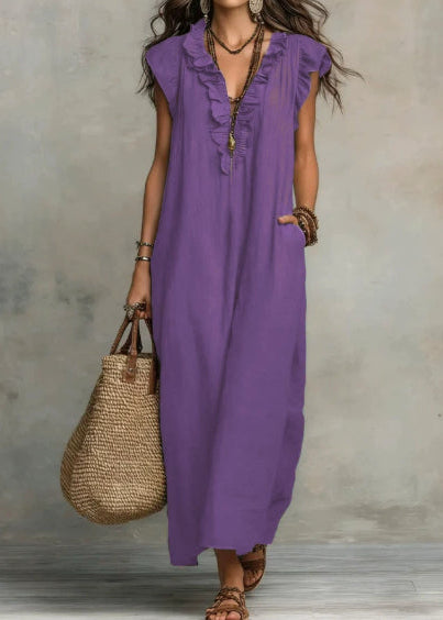 Ärmelloses A-Linien-Sommerkleid Für Damen Mit Rüschen Und Seitentaschen – Baumwollmischung