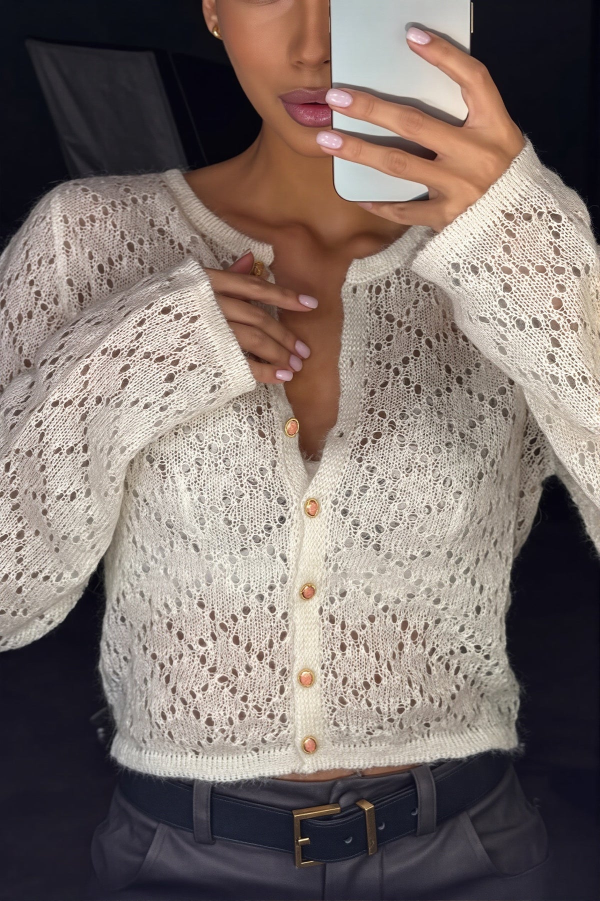 Damen-Cardigan mit Häkelmuster und langen Ärmeln