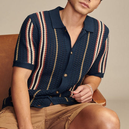 Herren Sommer Gestreifter Strick-Polo-Cardigan Mit Kurzen Ärmeln Im Britischen Stil