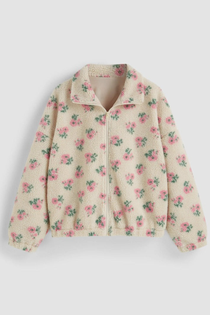 Damenjacke aus kuscheligem Teddyfleece mit Blumenmuster von der Seite