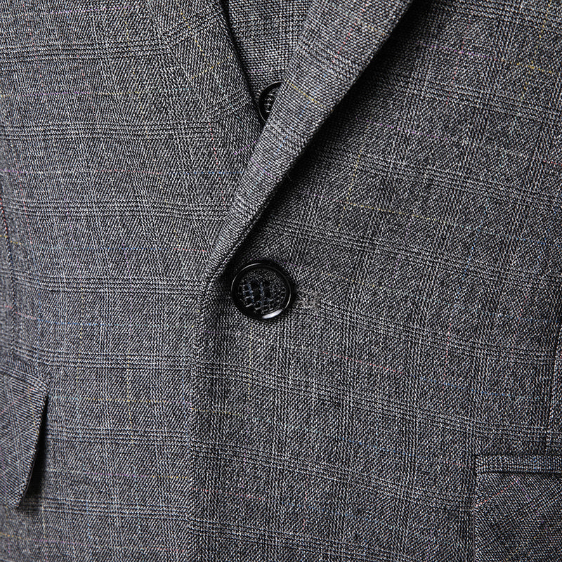 Grauer kariertes Sakko mit Knopfverschluss, elegantes Herrenjackett aus hochwertigem Stoff, ideal für formelle Anlässe und Business-Mode.