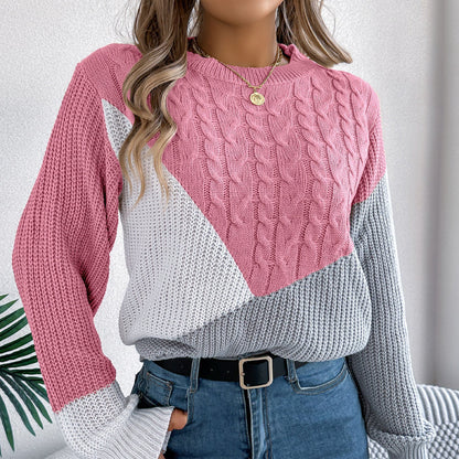 Women's Sweater with Twisted Knit Pattern, Contrasting Colors, and Long Sleeves