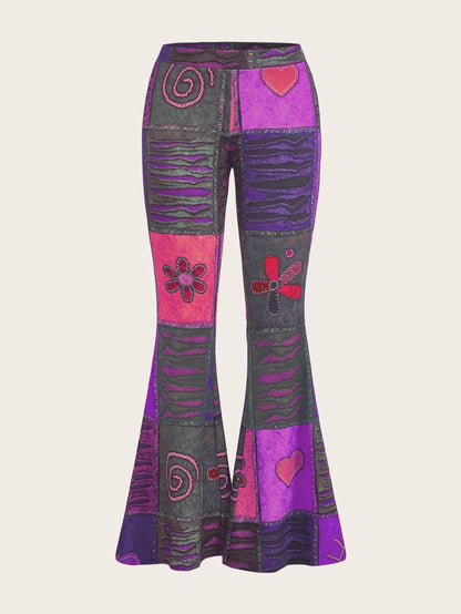 Women's bootcut trousers with print, abstract pattern, mid-rise waistband