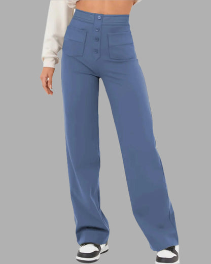 Damenhose mit hoher Taille, blau, weites Bein, Knopfleiste, Taschen, modisch, bequem, ideal für Freizeit und Büro, kombiniert mit Sneakers.
