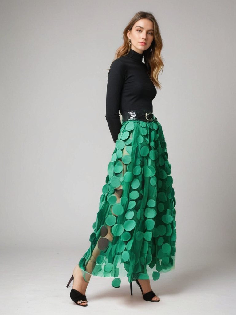 Frau in schwarzem Rollkragenpullover und grünem, gepunktetem Maxirock, posiert vor grauem Hintergrund. Modetrend, stilvolle Damenbekleidung.