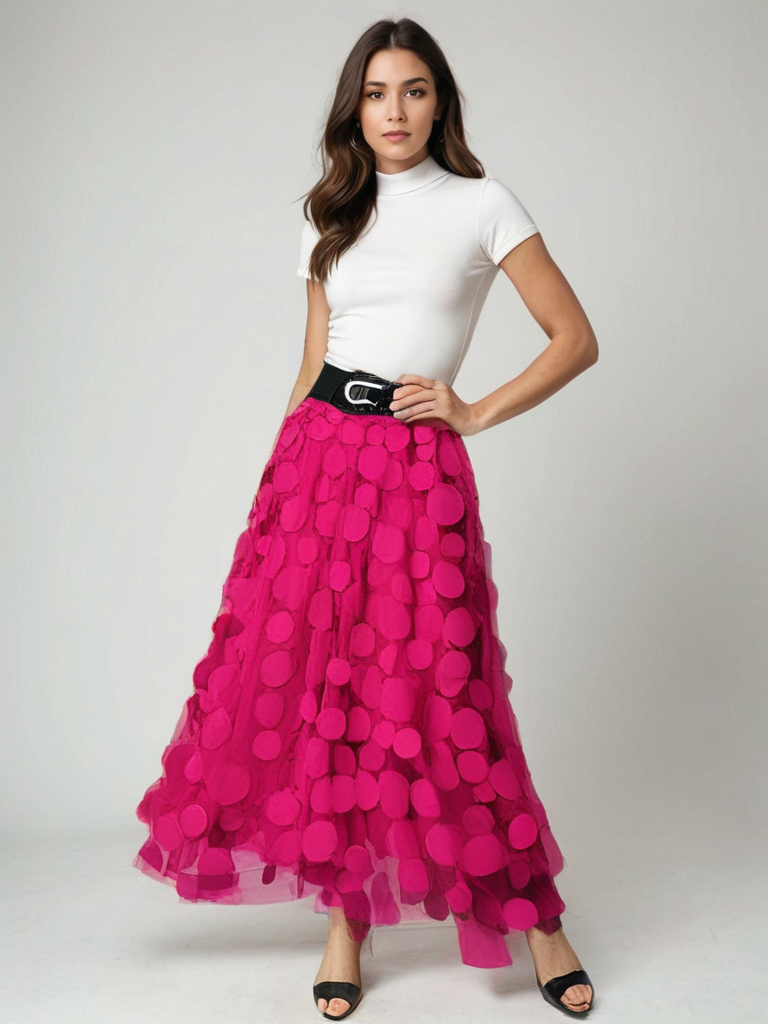 Frau in weißem T-Shirt und pinkem Maxirock mit Punkten, schwarzer Gürtel, schwarze Sandalen, Mode, Damenbekleidung, stilvoll, modern.