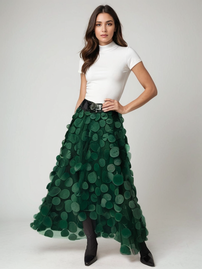 Frau in weißem T-Shirt und langem, grünem Rock mit Kreismuster, schwarze Stiefel; modisches Outfit, eleganter Look, Damenmode.