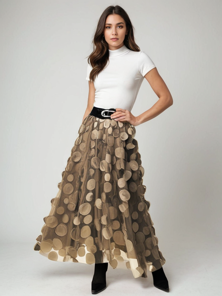 Frau in weißem T-Shirt und gepunktetem Rock, modisches Outfit, elegante Kleidung, schwarzer Gürtel, stilvolle Mode, Studioaufnahme.