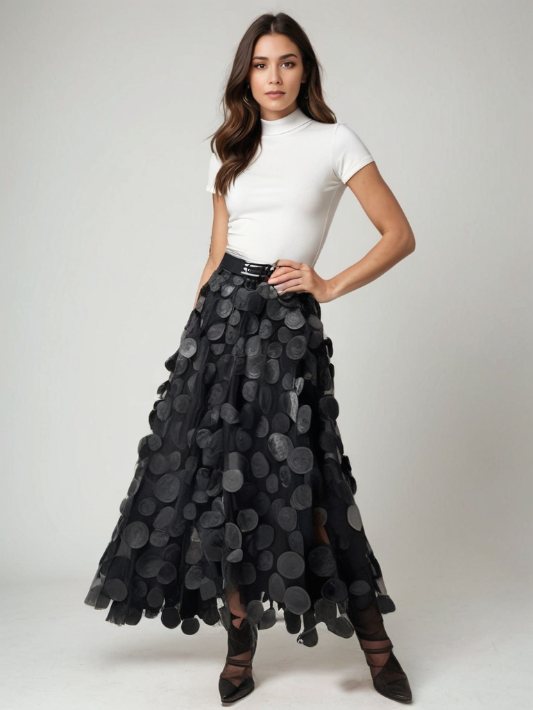 Frau in weißem T-Shirt und schwarzem, gepunktetem Maxirock, posiert vor grauem Hintergrund. Modetrend, eleganter Look, Damenmode.