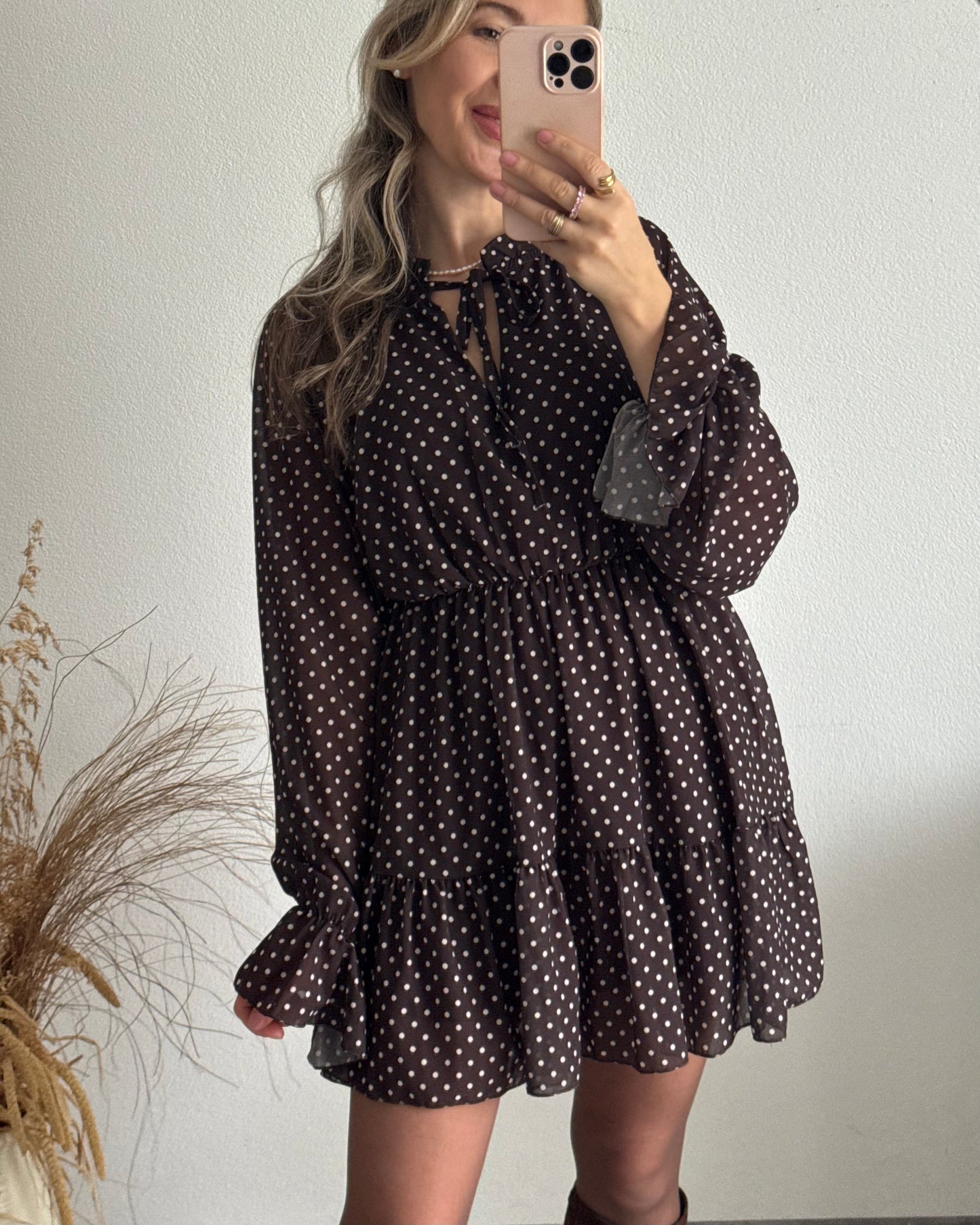 Women's summer dress with polka dots, brown, elastic waist and long sleeves – light style