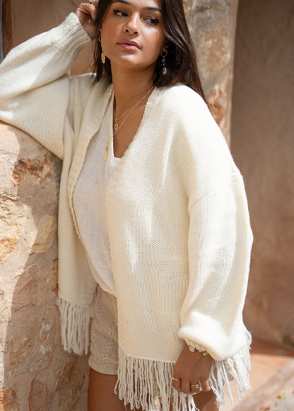 Damen Sommer-Strickjacke mit Fransenabschluss