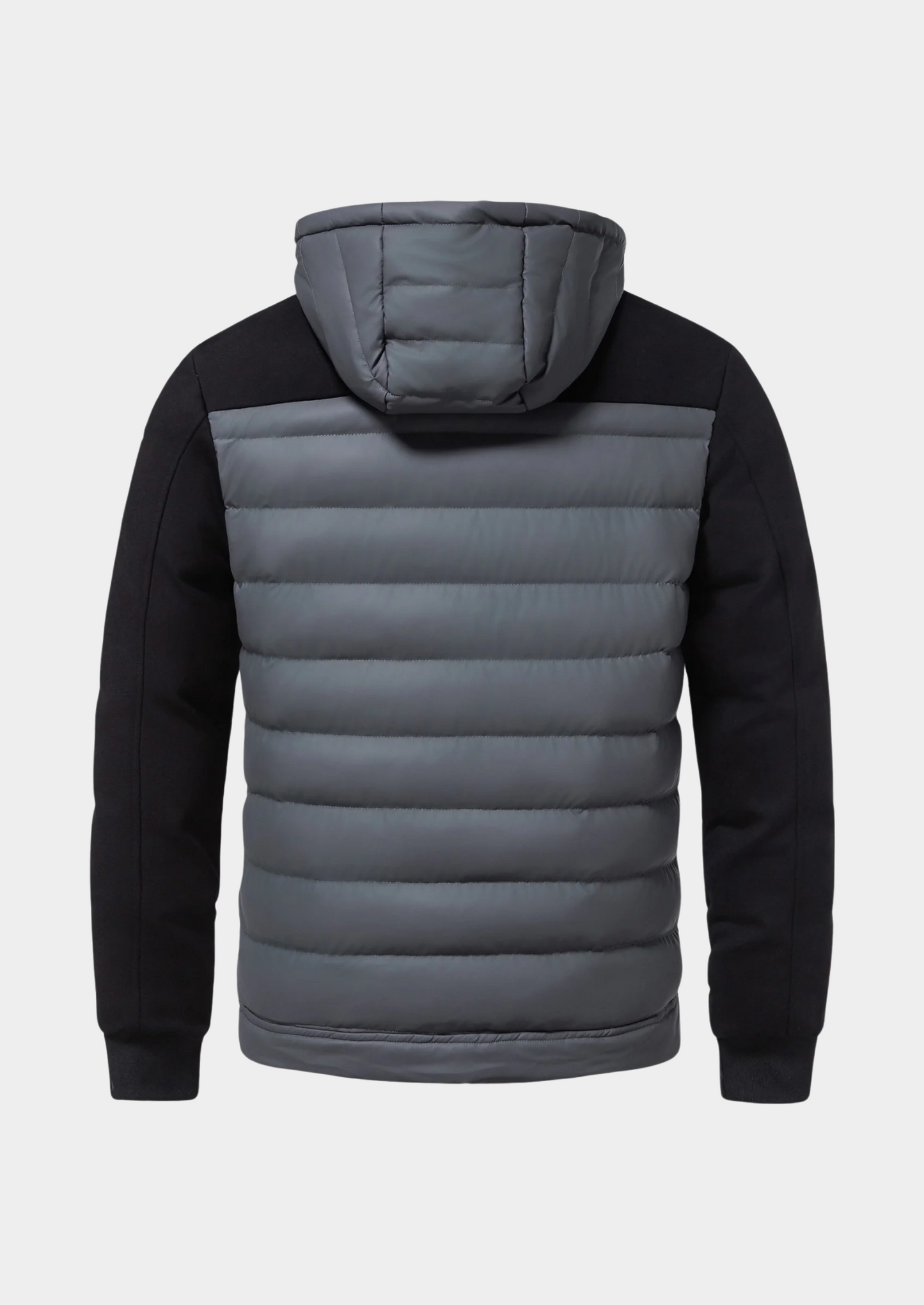 Graue Herren-Steppjacke mit Kapuze, schwarzem Ärmel- und Schulterbereich. Modische Winterjacke, warm gefüttert, ideal für kalte Tage.