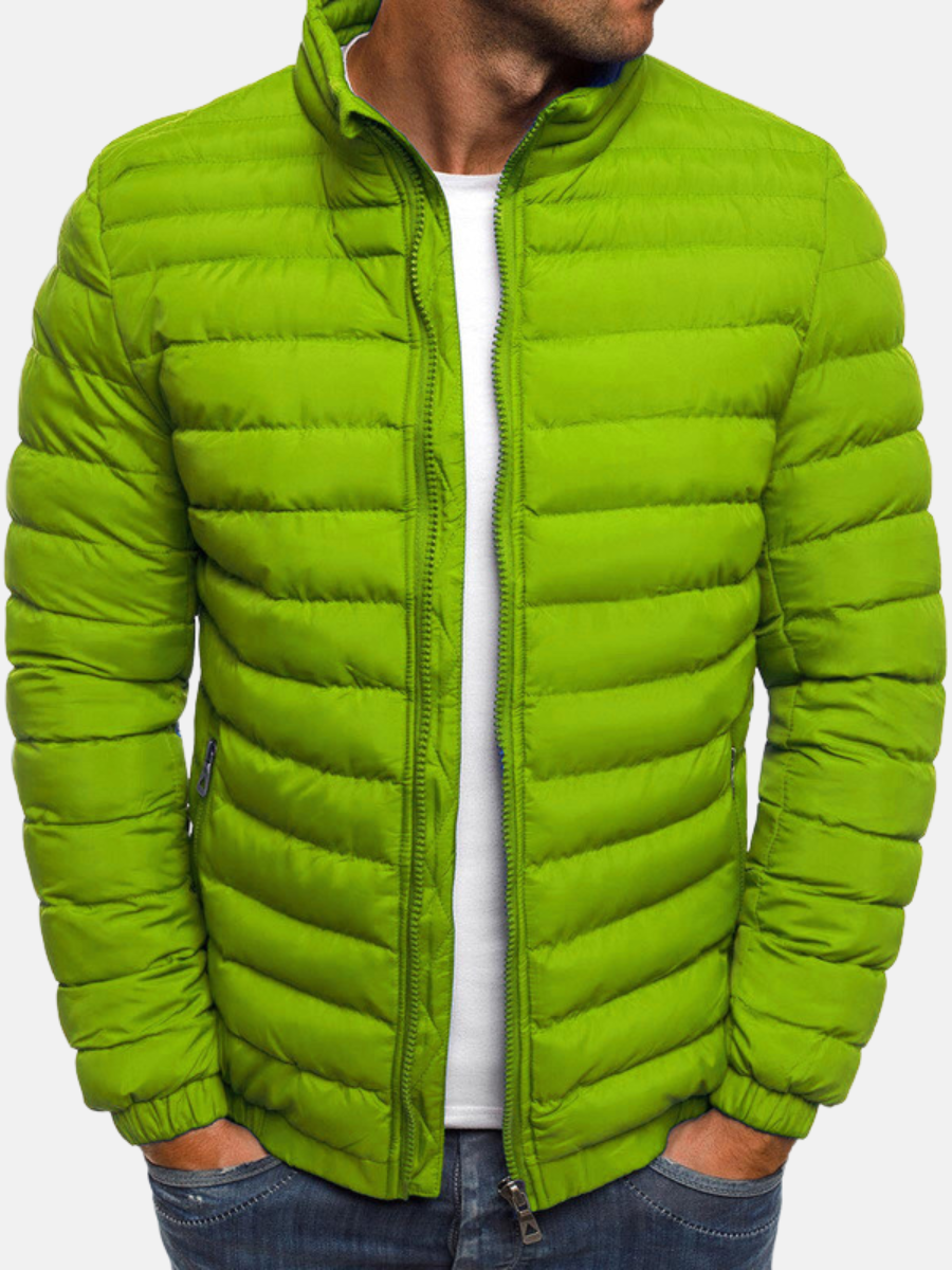 Grüne Steppjacke für Herren, modisch und warm, ideal für Herbst und Winter. Leichtes Design mit Reißverschluss und Stehkragen.