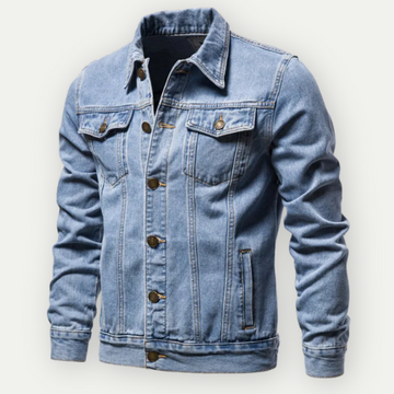 Hellblaue Jeansjacke für Herren, klassisches Design mit Knopfleiste und Brusttaschen. Modische Denimjacke, ideal für Freizeitkleidung.