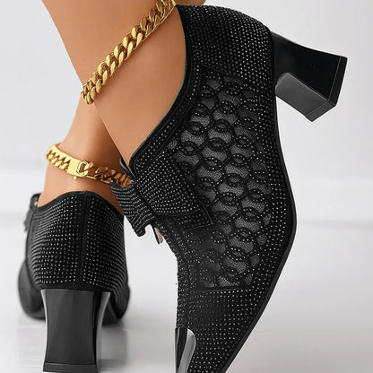 Women's pumps with rhinestone bow, pointed toes, and 6-cm block heel