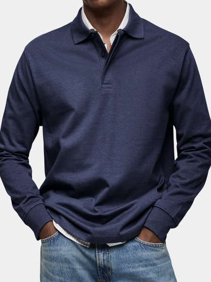 Men's Long-Sleeve Polo Shirt with Structured Collar and Button Placket