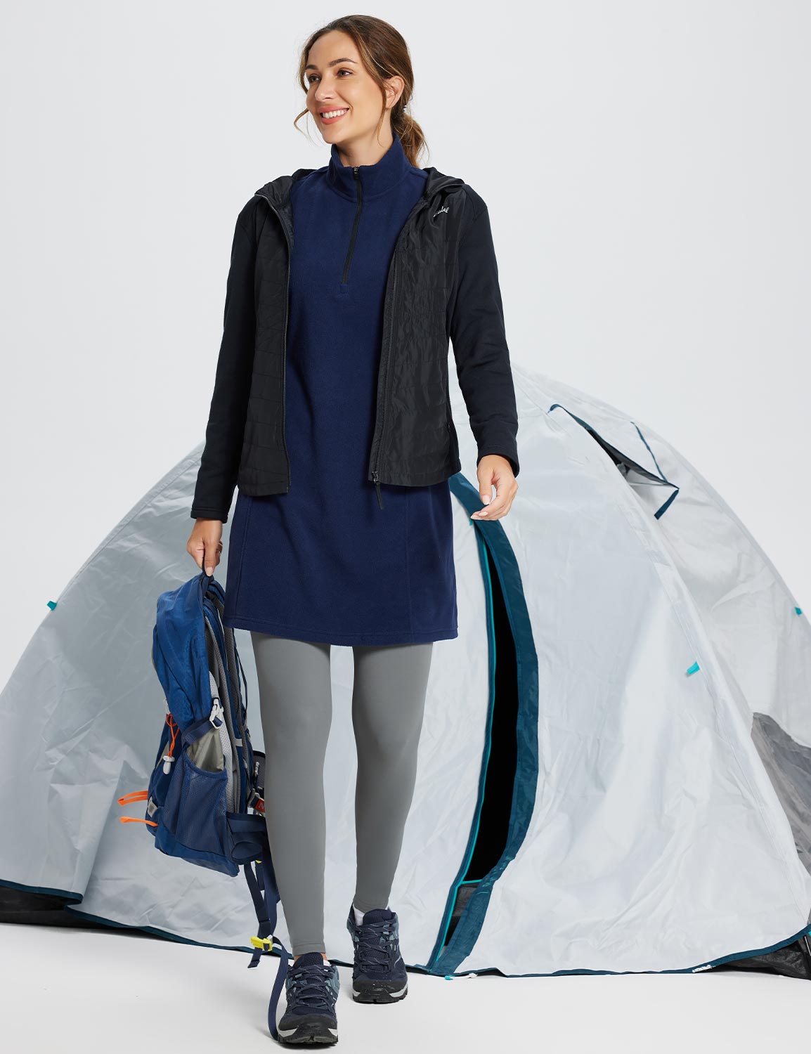 Women's Winter Tunic Dress with Quarter Zipper, High Collar, and Kangaroo Pocket