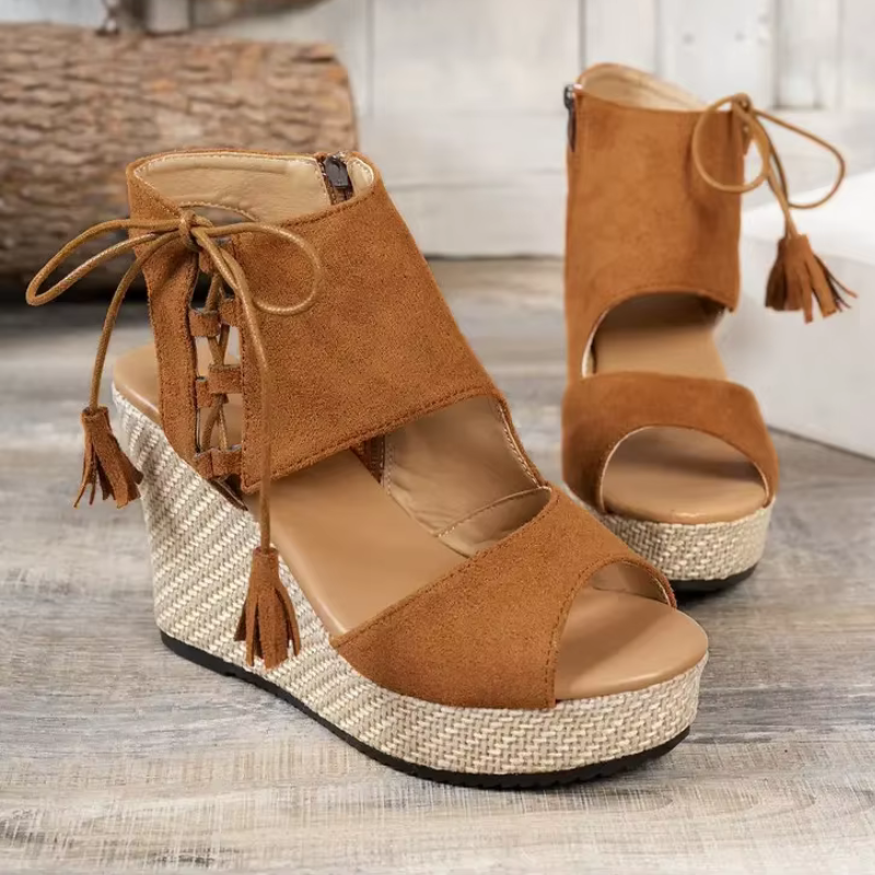 Damen Sommer-Wedges mit geflochtener Jute und Schnürung am Knöchel – Offene Zehen