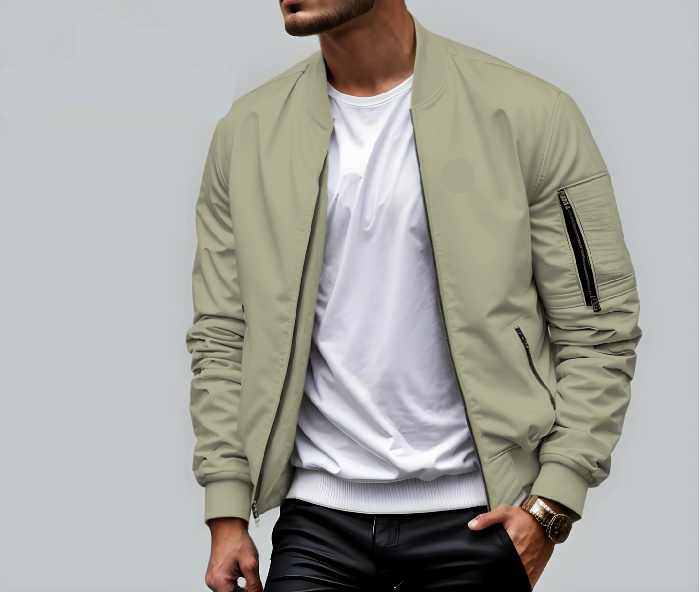 Mann in olivgrüner Bomberjacke, weißem T-Shirt und schwarzer Hose. Modetrend, Herrenbekleidung, lässiger Stil, Streetwear, Modeaccessoires.