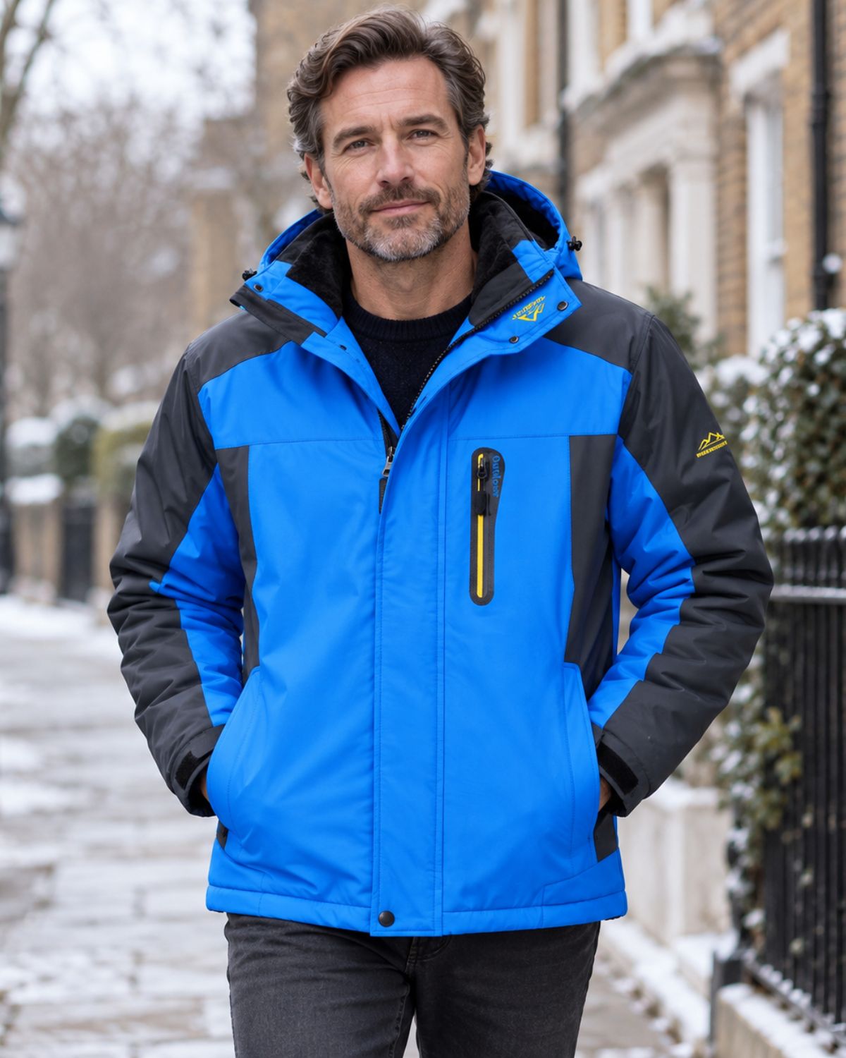 Herren-Winterjacke mit Kapuze von der Seite dargestellt