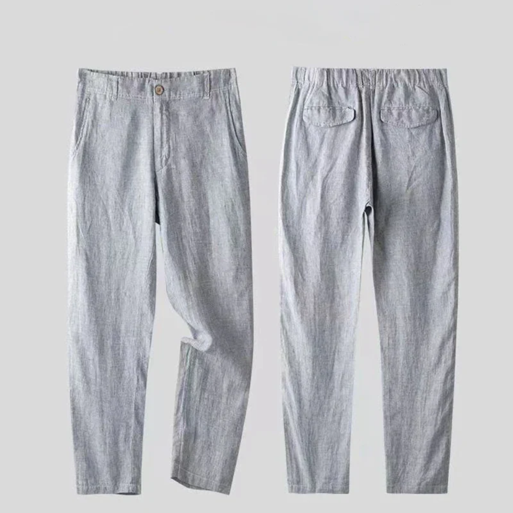 Graue Leinenhose für Herren, Vorder- und Rückansicht, mit elastischem Bund und Taschen. Bequeme Sommerhose, ideal für Freizeit und Alltag.