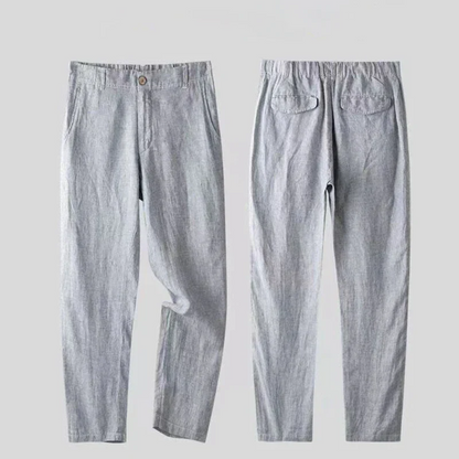Graue Leinenhose für Herren, Vorder- und Rückansicht, mit elastischem Bund und Taschen. Bequeme Sommerhose, ideal für Freizeit und Alltag.