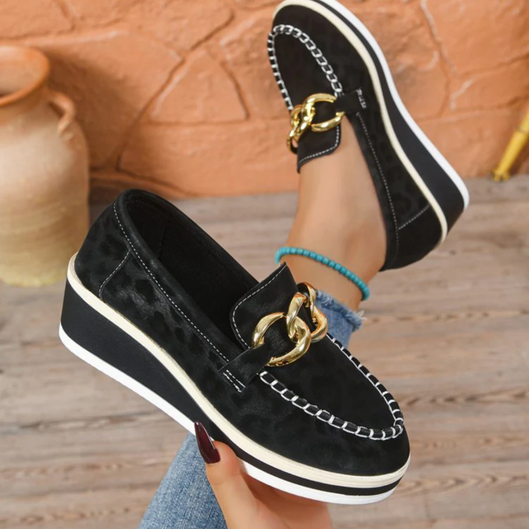 Women's Loafers Wedge Heel Orthopedic Padded Tone-on-Tone Leopard with Gold Details