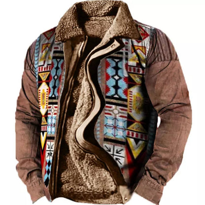 Braune Herrenjacke mit buntem, geometrischem Aztekenmuster und warmem Futter. Perfekt für Herbstmode und Outdoor-Aktivitäten.