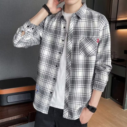 Long-sleeved checked men's shirt for spring with a slim fit