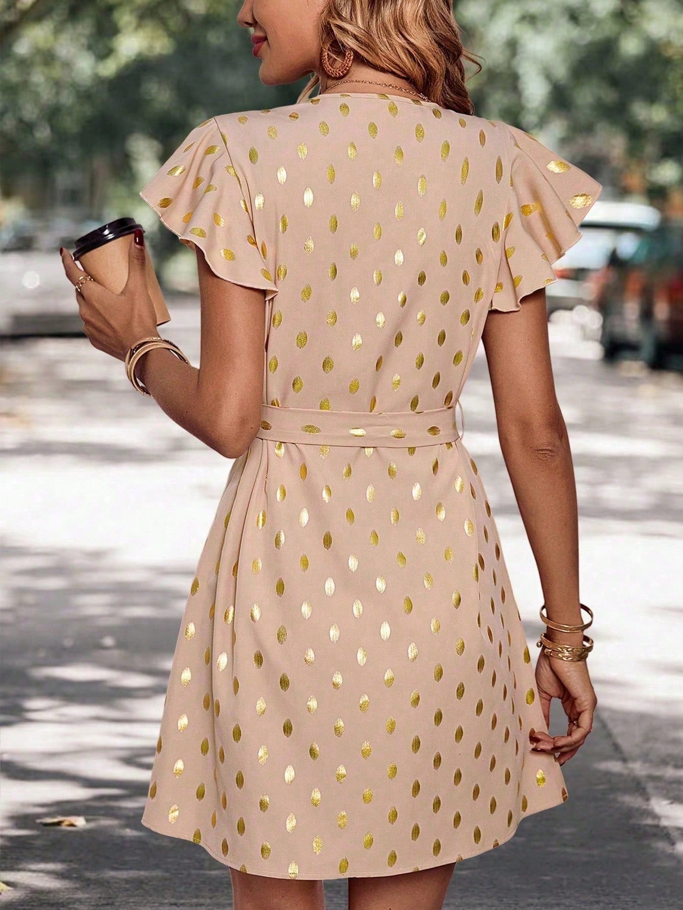 Sommerkleid Für Damen, Midi-Länge, Gepunktet, Hoher Bund, A-Linie, Lange Ärmel