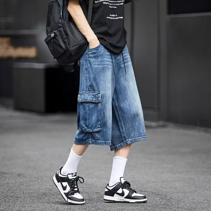Herren-Jeans-Caprihose, Lockere Passform, Mehrere Taschen, Gerades Bein