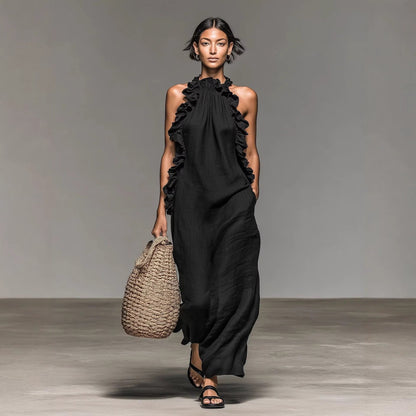 Ärmelloses Maxikleid Im Resort-Stil Mit Neckholder Und Rüschenbesatz – Seidenartiges Tragegefühl