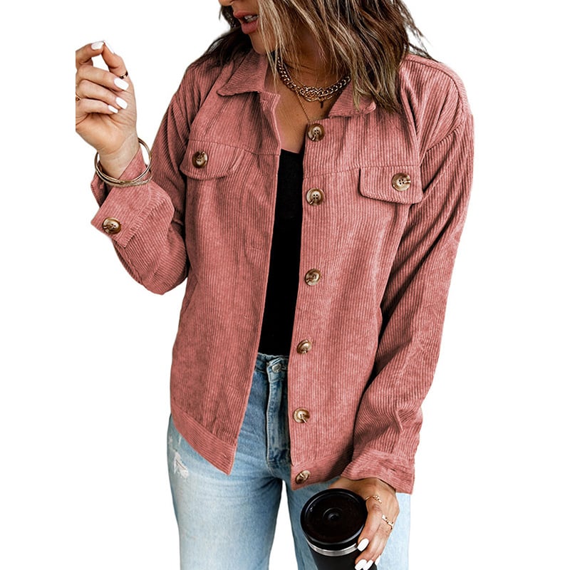 Women's shirt jacket with notch collar, front pockets, and asymmetrical hem
