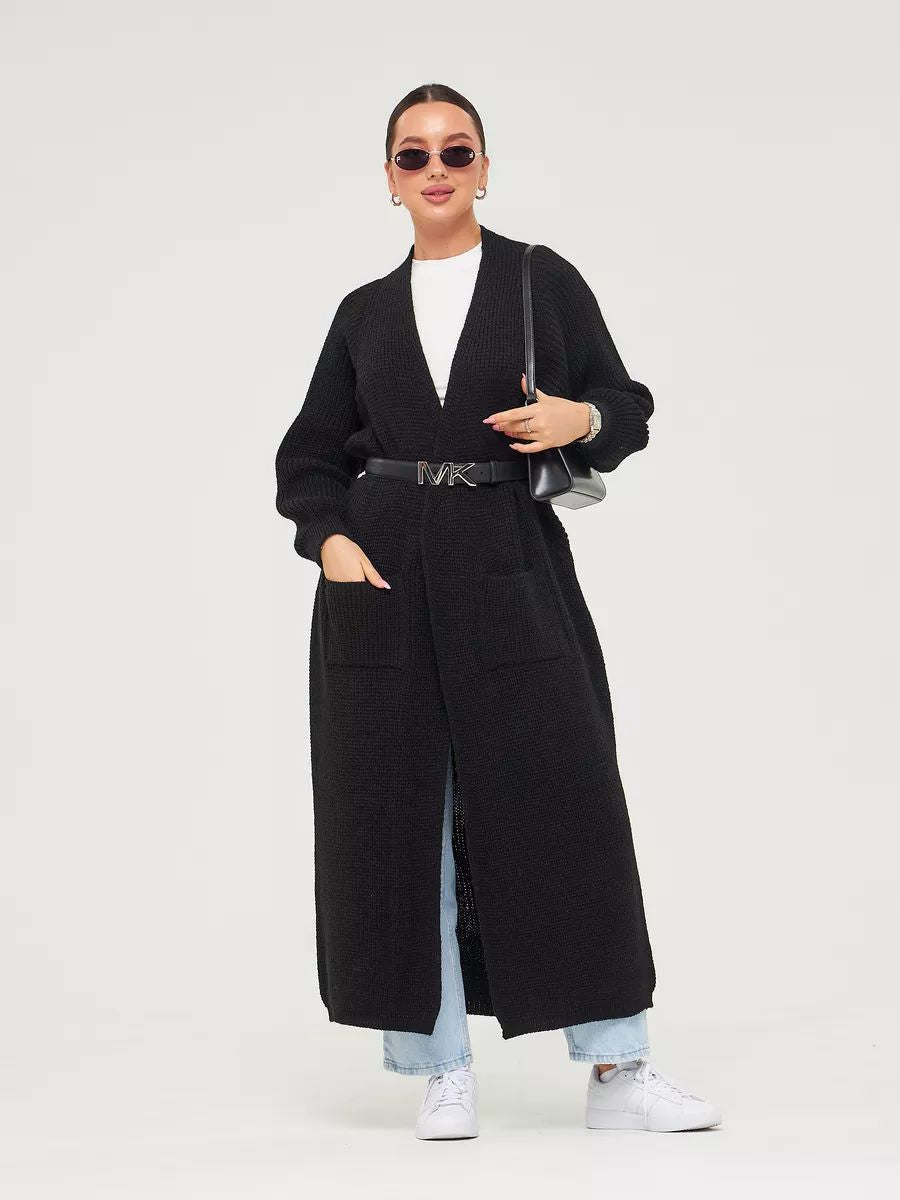 Langer Damen-Strickcardigan mit offenen Front und Taschen
