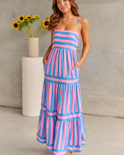 Women's summer maxi dress with stripe pattern, square neckline, backless & pockets – light style