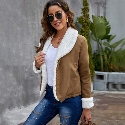 Women's autumn jacket made of faux suede with long sleeves and solid color design