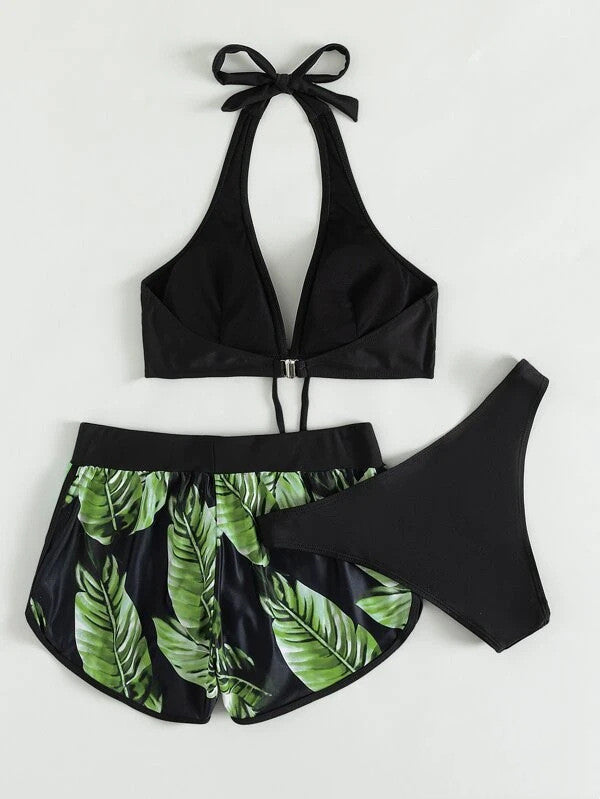 Schwarzer Bikini mit tropischem Blattmuster auf Shorts, Damen-Badeanzug, modisch, Sommer, Strandmode, zweiteiliges Set.