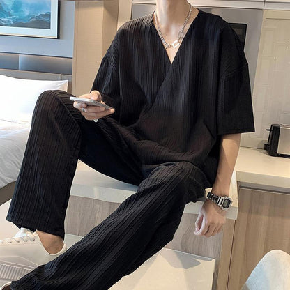Herren-Zweiteiler Mit Kragen, Kurzarmhemd Und Hose Im Four Seasons Design, Gerader Schnitt, Mittelhoher Bund