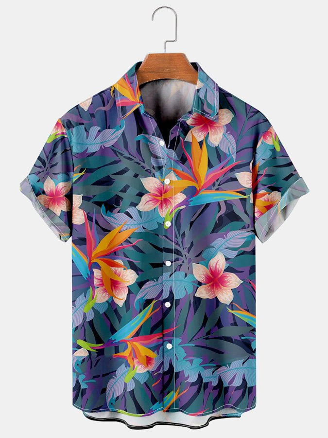 Herren Kurzarmhemd Mit Blumenmuster, Vier-Wege-Stretch, Knopfleiste