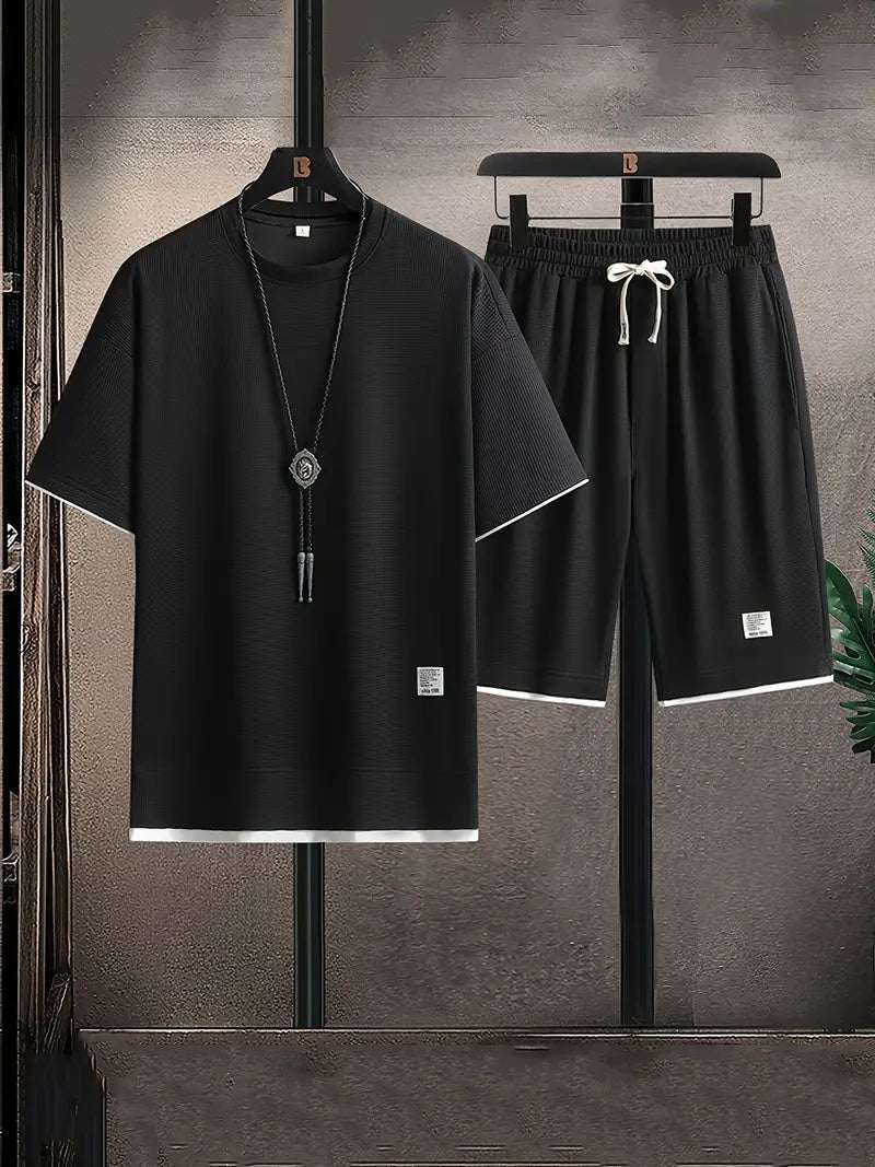 Herren Zweiteiliges Set mit Waffelstruktur T-Shirt und Kordelzug Shorts